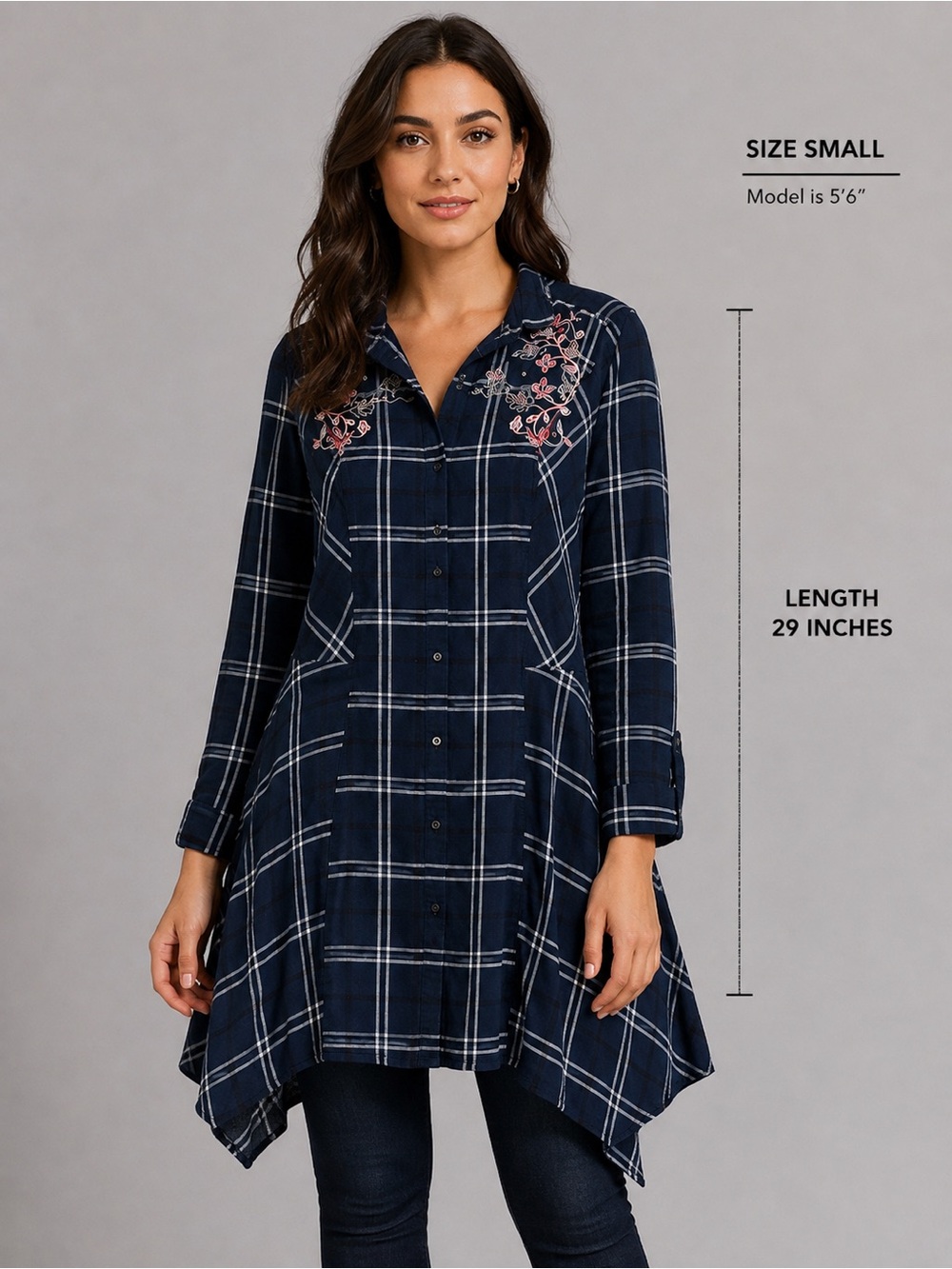 Vintage America Women's Navy
Plaid Long Shirt - Size Small